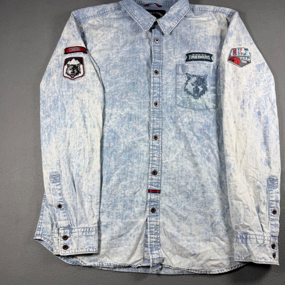 Jack‎ & Jones Mens NBA Minnesota Timberwolves Shirt XL Acid Wash Denim Patches